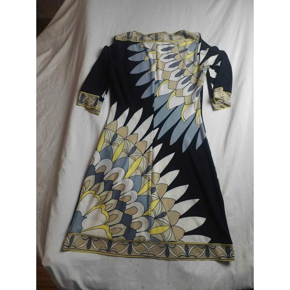 Donna Morgan Dress Womens Size‎ 4 Multicolor Peacock Print Shift Boat Neck Midi